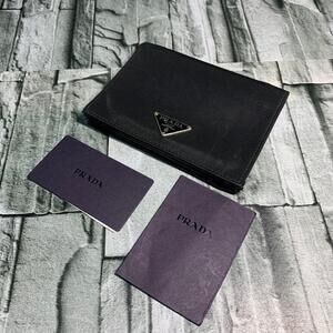 PRADA bi fold wallet leather silver triangle black